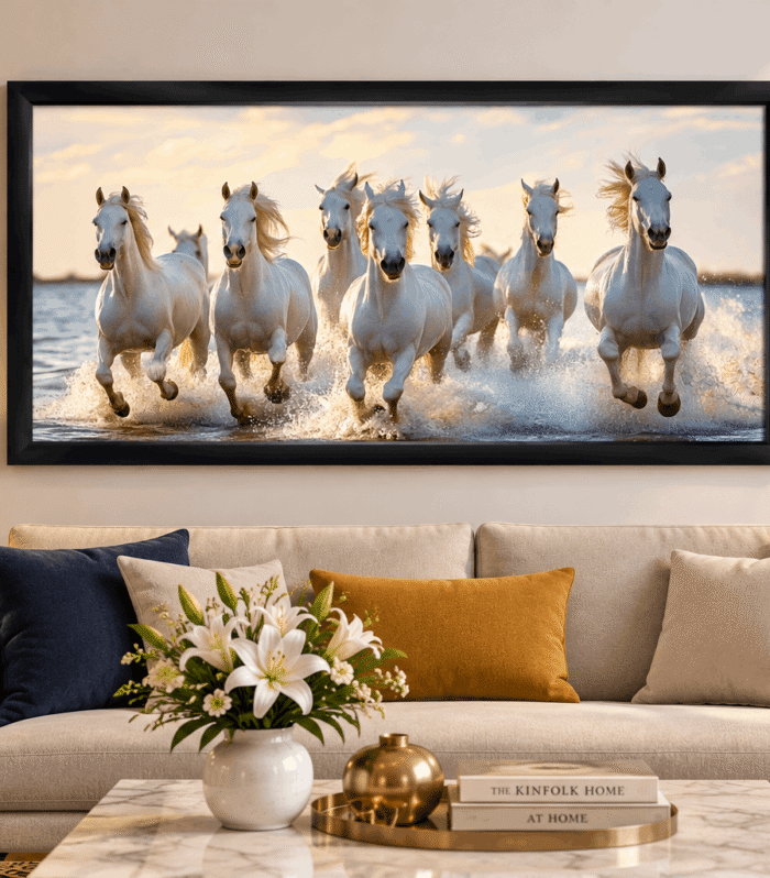 7 White Horses Running Through Water Wall Art Photo Frame