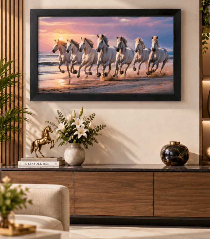 7 White Horses on Sunset Beach Wall Art Photo Frame