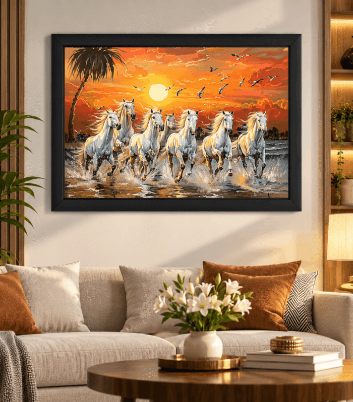 7 White Running Horses Sunset Wall Art