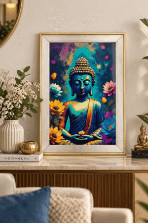 Colorful Blue Buddha Among Blooming Flowers
