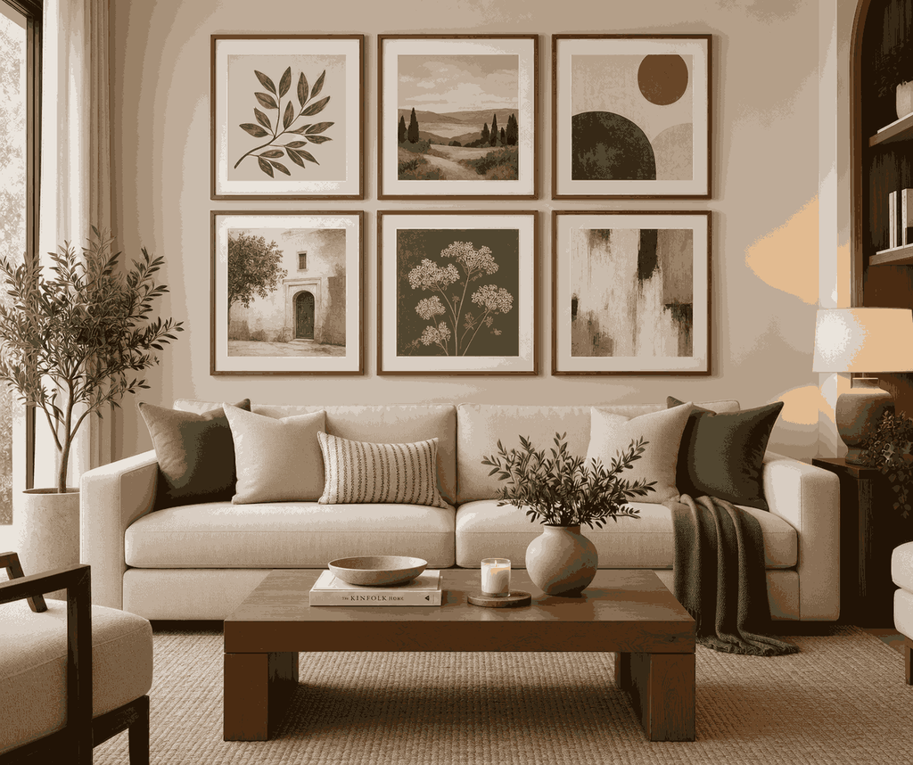 Gallery wall arrangement in a living room
