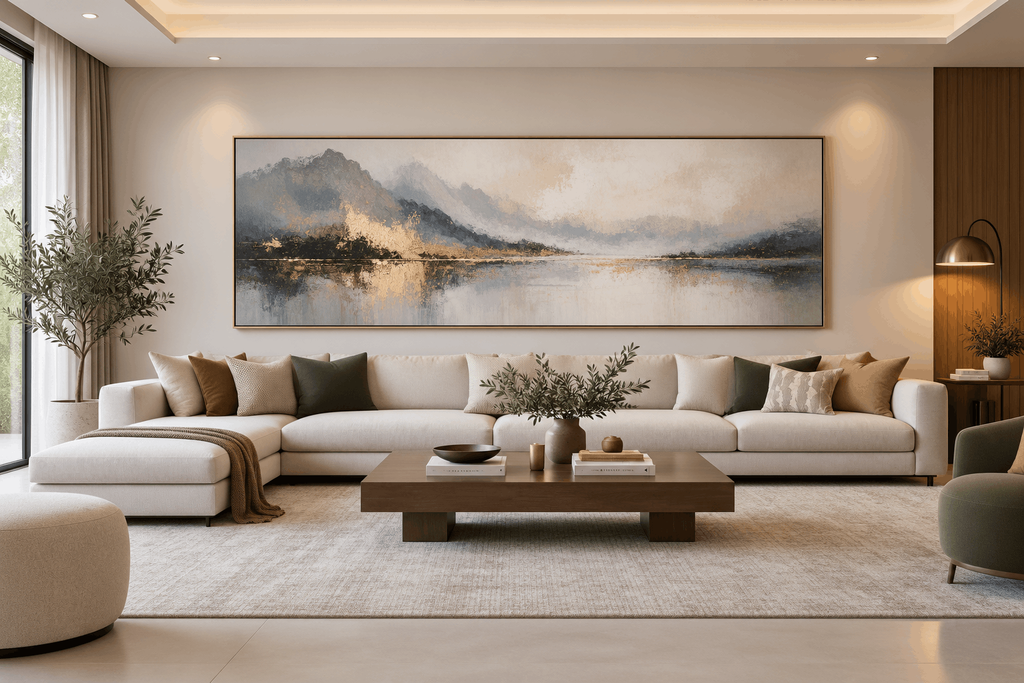 Large horizontal painting above a living room sofa