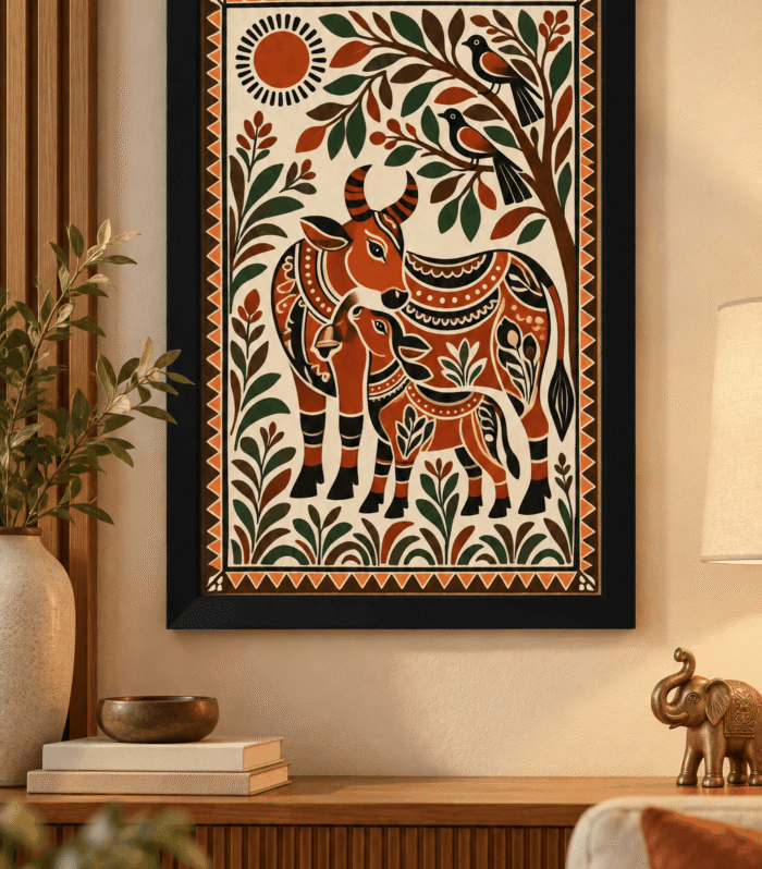 Mother Cow & Calf Sohrai Painting