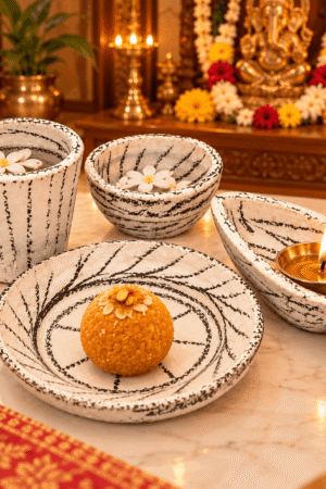 Rustic White Ceramic Puja Thali & Diya Set – Handmade Style