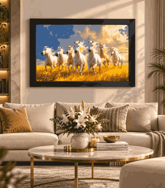 Seven White Horse on Golden Field Wall Art with Black Frame