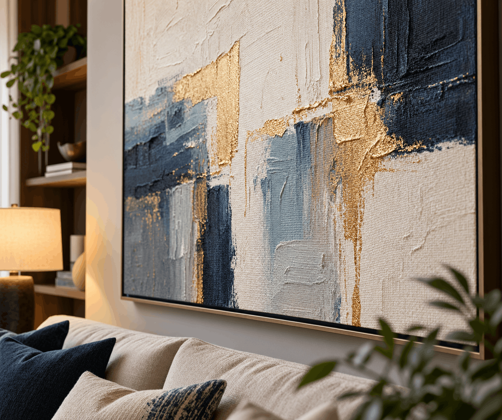 Textured canvas painting in a living room