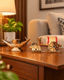 Handcrafted Wooden Boat and Ox Cart Showpiece Combo for Living Room Decor