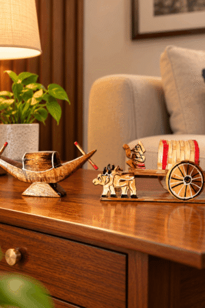 Handcrafted Wooden Boat and Ox Cart Showpiece Combo for Living Room Decor